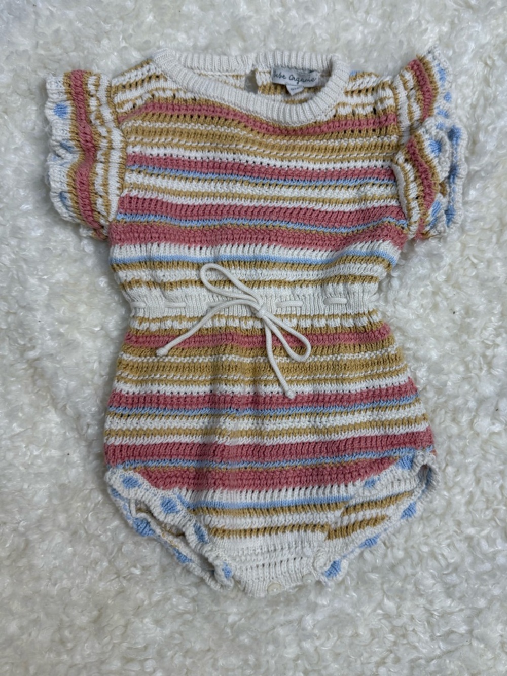 Hand-Knit Striped Baby Romper - Pink, White, Blue & Tan
